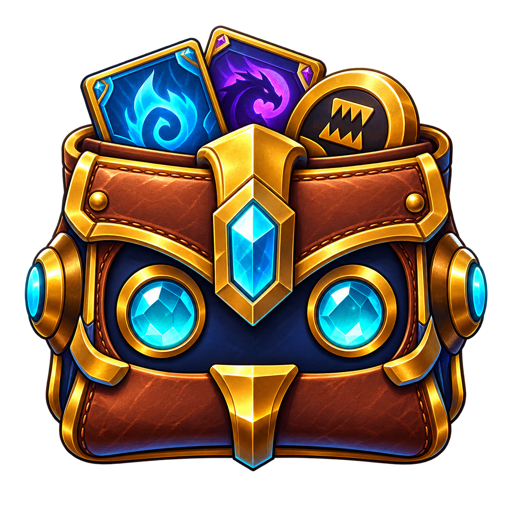 A gold wallet bot with turquoise crystal eyes and trading cards